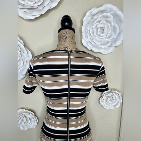 Tommy Hilfiger Black, White & Metallic Gold with Tan Striped Dress Size 2 - Picture 10 of 13